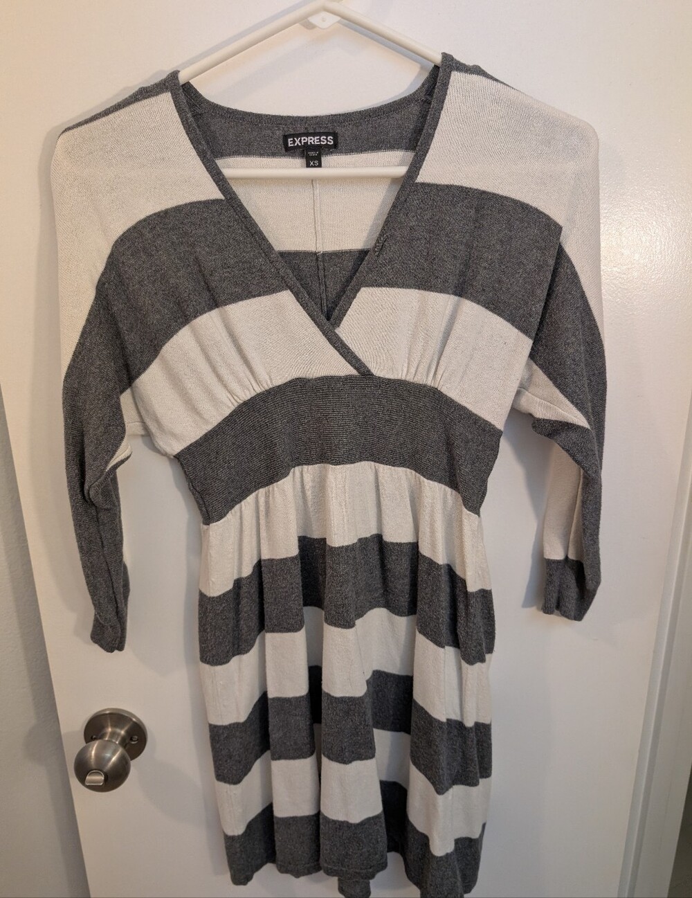 Express Gray and White Striped V-Neck Empire Waist Tunic / Dress